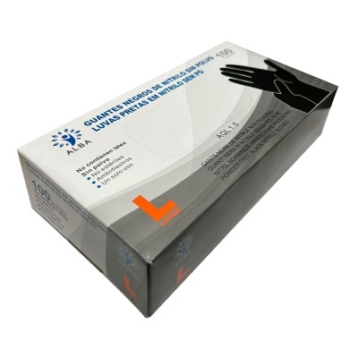 Caixa branca de luvas pretas de nitrilo ALBA tamanho L com texto azul e preto