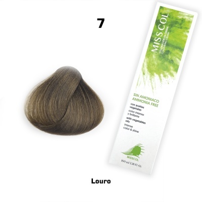 Amostra de cabelo castanho louro com embalagem branca e verde de tinta de cabelo MISS COL