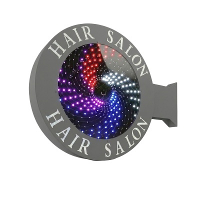Sinal luminoso circular com texto HAIR SALON e luzes LED coloridas em espiral.