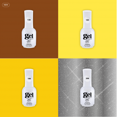 Quatro frascos de verniz gel JNC branco em fundo colorido e brilhante.