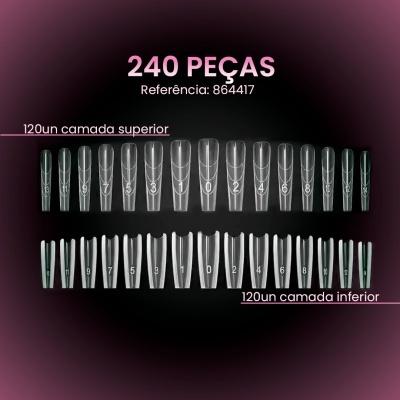 Conjunto de unhas postiças transparentes numeradas em duas camadas, sobre fundo gradiente roxo e preto.