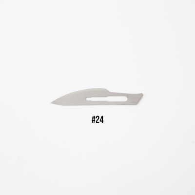Lâmina de bisturi metálica tipo #24 sobre fundo branco