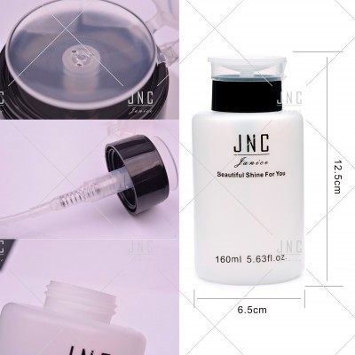 Frasco branco de plástico com tampa preta e transparente e texto JNC Janice