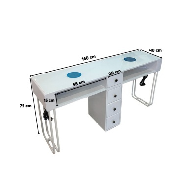 Secretária branca com tampo de vidro, gavetas e tomadas embutidas