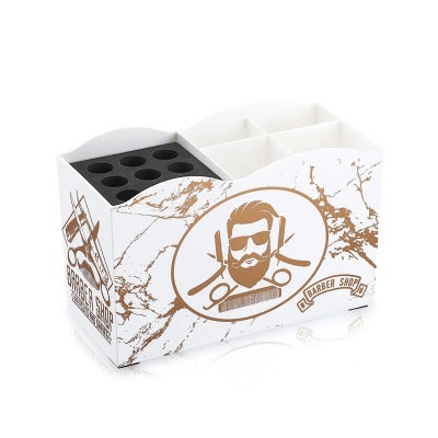 Organizador branco para barbearia com desenho e texto 'BARBER SHOP'