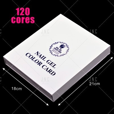 Caixa branca de cartão com texto 'NAIL GEL COLOR CARD' e '120 cores'