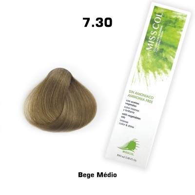 Fio de cabelo cor bege médio 7.30 com embalagem de tinta MISS COL amoníaco free