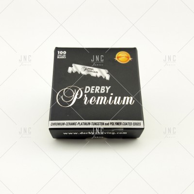 Embalagem preta de lâminas de barbear Derby Premium com texto branco e dourado