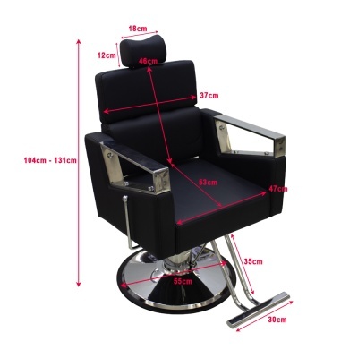 Cadeira preta de barbear com apoios de cabeça e braços em metal cromado e base redonda.