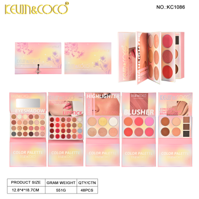 Paletas de maquilhagem KEVIN&COCO rosa e amarelo pastel com sombras, batons, iluminadores, blush e corretor com decoração floral
