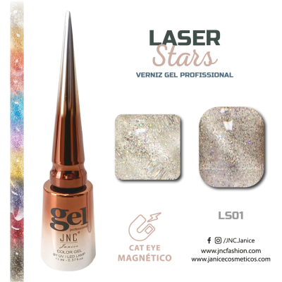 Frasco de gel de verniz profissional com tampa metálica e amostras brilhantes de cor LASER Stars em fundo preto