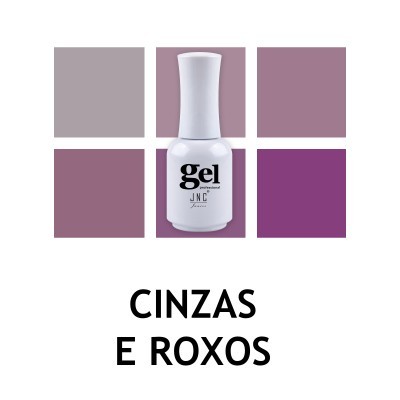 Frasco branco de verniz em gel com amostras de cores cinza e roxo