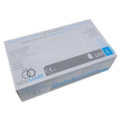 Caixa branca e azul de luvas de látex NEWMARK com 100 unidades, tamanho L