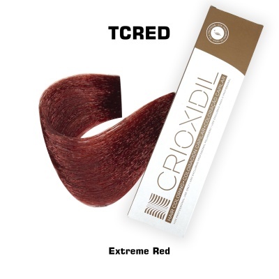 Tonalizador Croxdil TCRED Extreme Red com amostra da cor de cabelo vermelho
