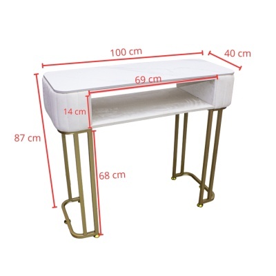 Mesa branca com tampo retangular e estrutura metálica dourada com dimensões indicadas em vermelho.