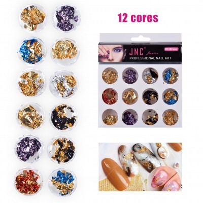 Conjunto de 12 potes com pedaços metálicos coloridos para decoração de unhas, embalagem JNC Series