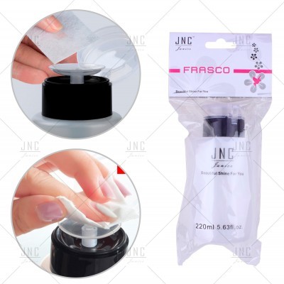 Frasco transparente com tampa preta e dispensador, embalado em saco plástico