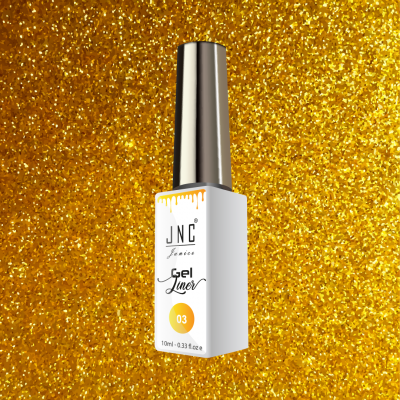 Frasco de gel delineador JND branco com tampa prateada sobre fundo dourado brilhante