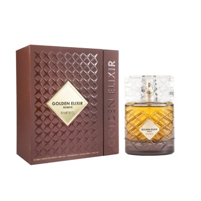 Frasco e caixa de perfume Golden Elixir Reserve Riffs castanho e dourado