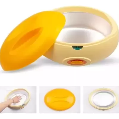 Aquecedor de cera para mãos amarelo com tampa e botão laranja
