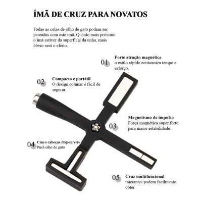 Ímã de cruz preto multifuncional para unhas com cinco cabeças e texto explicativo em português
