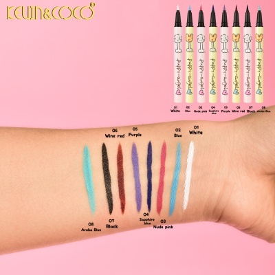 Sete canetas de maquilhagem coloridas com pontas finas alinhadas e traços cor correspondentes aplicados num braço com fundo rosa.