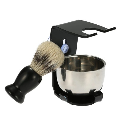 Conjunto de barbear com pincel, suporte e tigela metálica