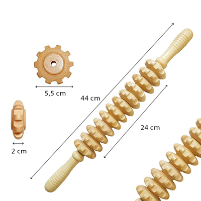 Rolo de massagem em madeira com segmentos circulares e pega texturizada