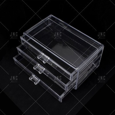 Caixa organizadora acrílica transparente com três gavetas empilhadas