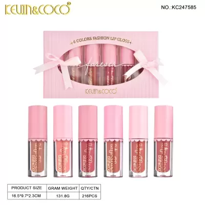 Conjunto de seis batons gloss com embalagem rosa dentro de caixa rosa com laços