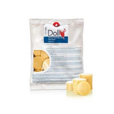 Pacote branco com galetes amarelas redondas visíveis pela janela e rótulo azul e vermelho Doll