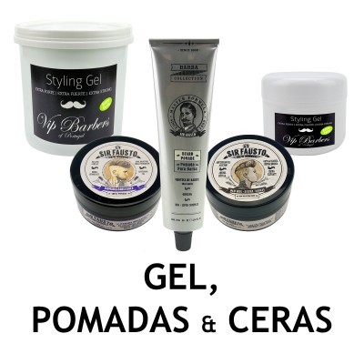 Produtos de gel, pomadas e ceras para cabelo e barba em embalagens variadas