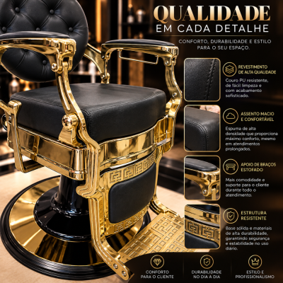 Cadeira de barbeiro em couro preto e estrutura metálica dourada