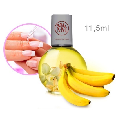 Óleo para cutículas MM em frasco redondo com bananas ao lado e aplicação em unha.