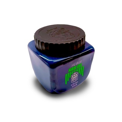 Recipiente quadrado azul com gel de cabelo SAX CLASS e tampa preta