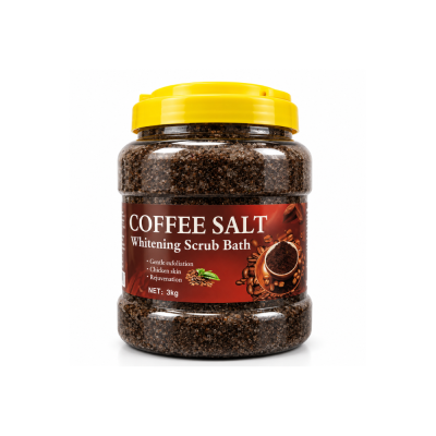 Frasco plástico com sal esfoliante de café e tampa amarela