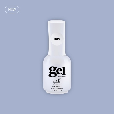 Frasco branco de verniz gel unhas com texto preto e etiqueta 049