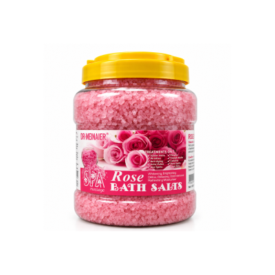 Frasco com sais de banho rosa e tampa amarela