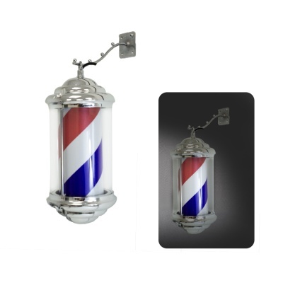 Barbearia luminosa padrão espiral vermelho branco azul com estrutura metálica cromada