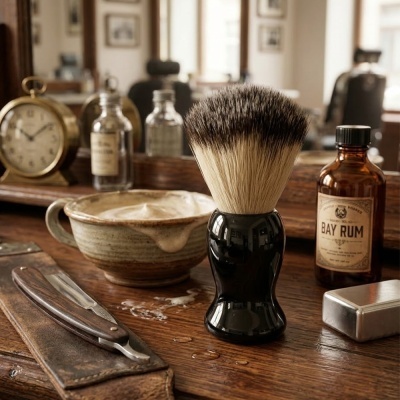 Conjunto de barbear com pincel, navalha, espuma, frasco e caixa sobre madeira
