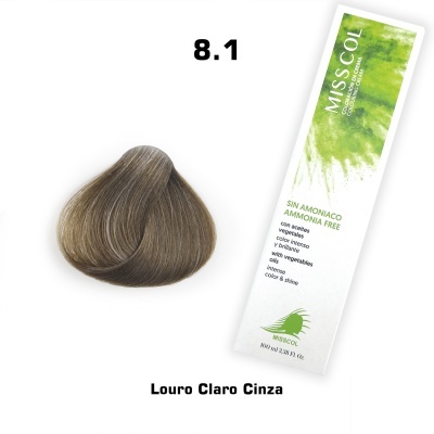 Amostra de cabelo Castanho Claro Cinza 8.1 com embalagem branca e verde Misscol