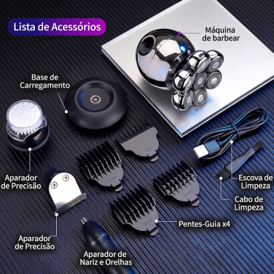 Acessórios para máquina de barbear com base, aparadores, pentes-guia, escova e cabo de limpeza