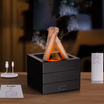Humidificador preto com efeito de madeira e fumo, comando remoto, cabo USB e manual