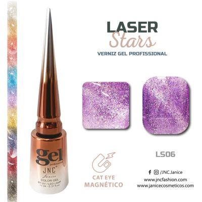 Frasco de gel para unhas JNC com tampa dourada e amostras de cor roxa glitter