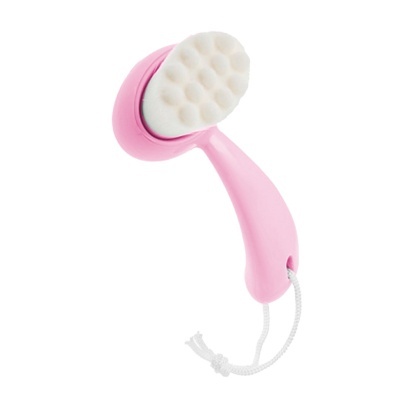 Escova de banho rosa com espuma branca e cordão para pendurar