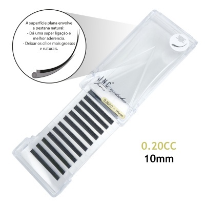 Estojo transparente com extensões de pestanas pretas e texto explicativo em português