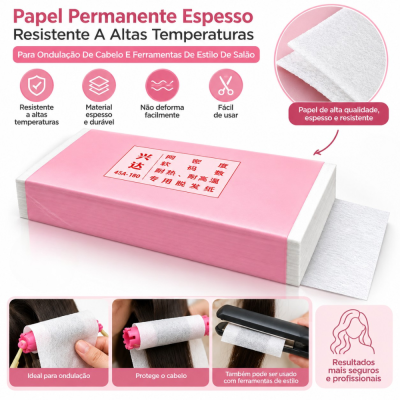 Papel permanente espesso branco embalado em saco rosa com texto vermelho