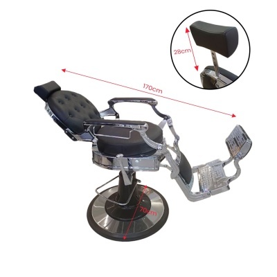 Cadeira de barbeiro preta com estrutura metalica e apoio de cabeca ajustavel.