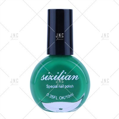 Frasco redondo de verniz de unhas verde com tampa preta e texto branco