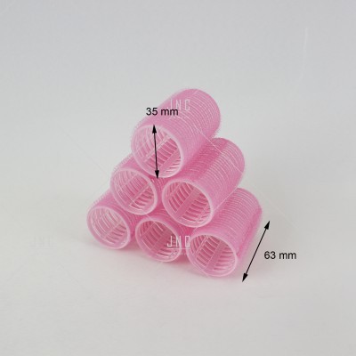 Conjunto de 7 rolos de velcro rosados empilhados em formato triangular com medidas